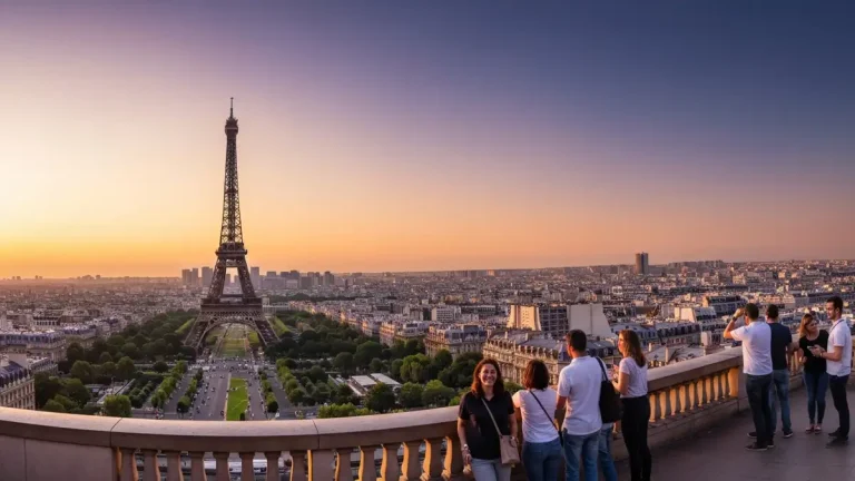Wieża Eiffla i Trocadéro o zmierzchu z błękitnym niebem i oświetleniem miasta