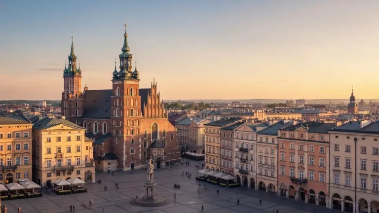 Panorama Krakowa z Rynku Głównego i kościoła Mariackiego, widok na Wawel i zabytkową architekturę miasta