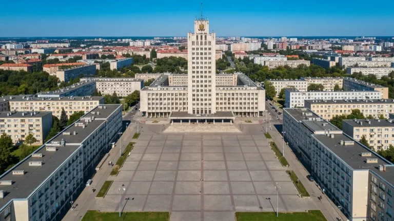 Plac Centralny w Nowej Hucie z monumentalnym budynkiem Domu Handlowego PKO i otaczającymi go budynkami socrealistycznej architektury
