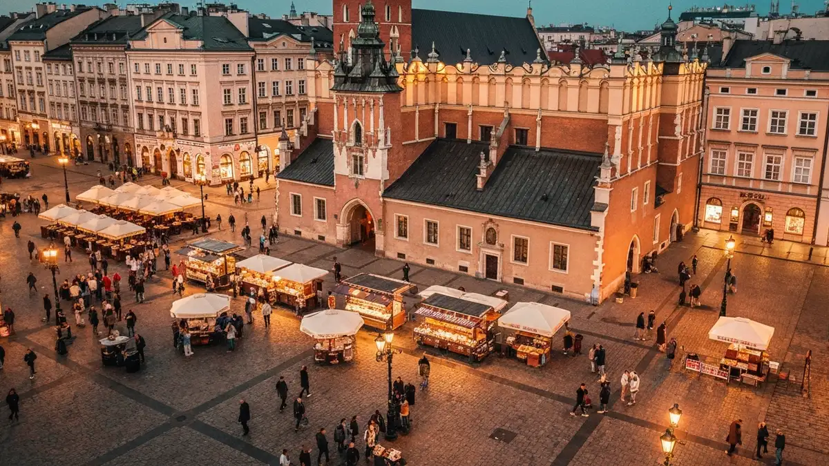Plac Nowy w Krakowie - widok z góry na okrąglak i ludzi pod sklepami z zapieankami