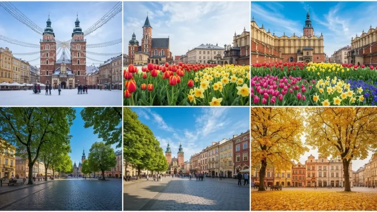 Kraków w każdej porze roku - zima, wiosna, lato i jesień pokazane obok siebie
