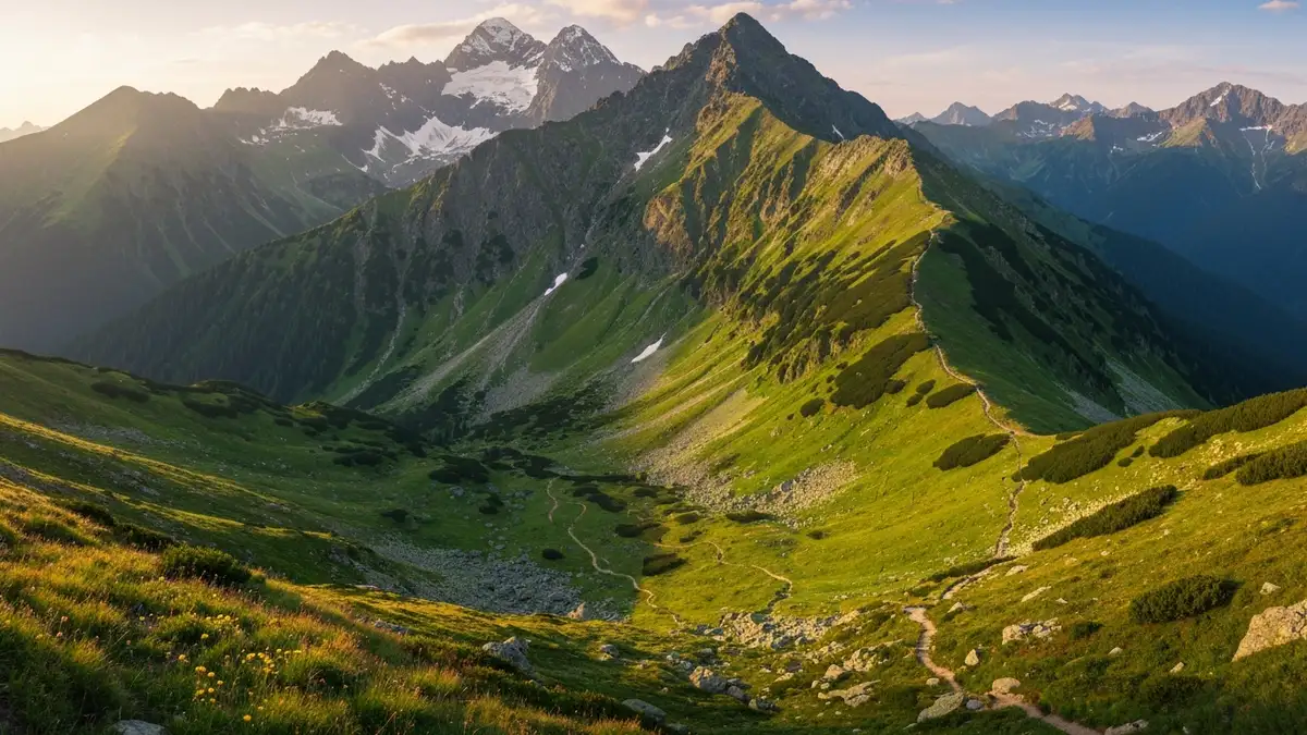 Panoramiczny widok na polskie góry Tatry z zaśnieżonymi szczytami i zielonymi dolinami w tle