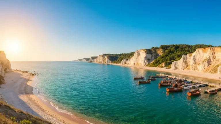 Panoramiczny widok na polskie wybrzeże Bałtyku z plażą, klifami i lśniącą wodą morską o zachodzie słońca