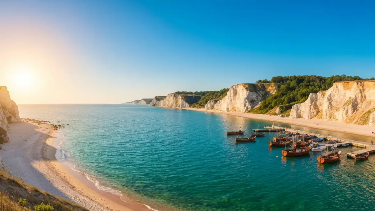 Panoramiczny widok na polskie wybrzeże Bałtyku z plażą, klifami i lśniącą wodą morską o zachodzie słońca