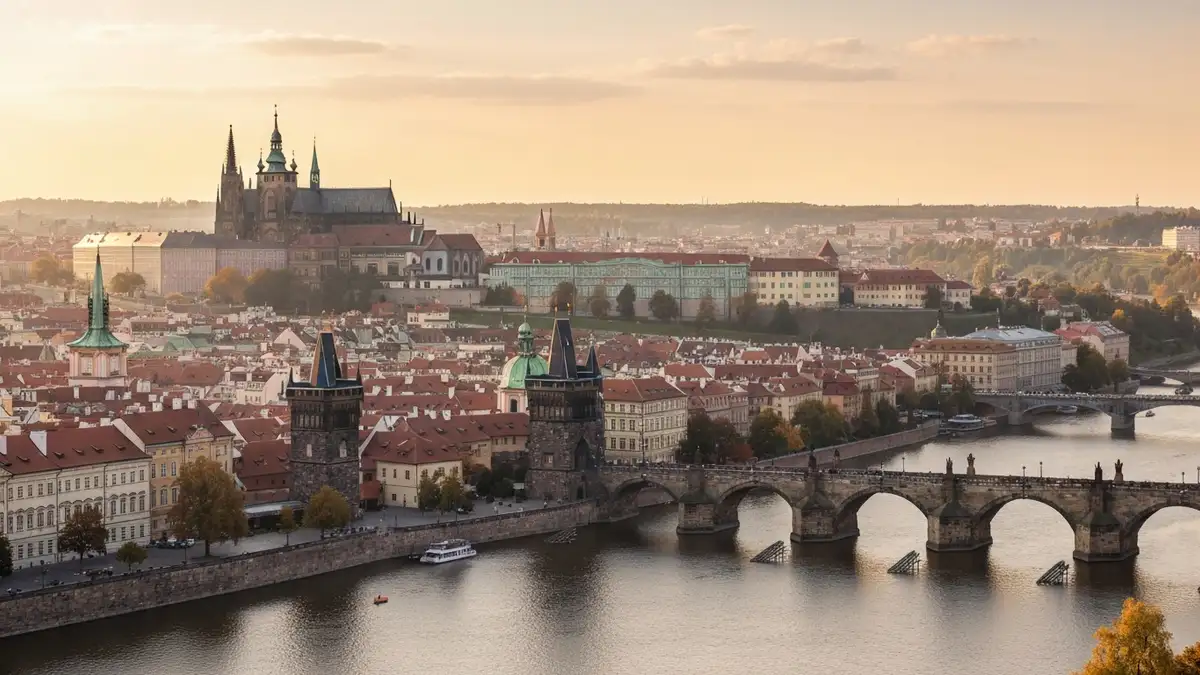 Panoramiczny widok na Pragę z widocznym Zamkiem praskim, Katedrą św. Wita i Mostem Karola nad Wełtawą