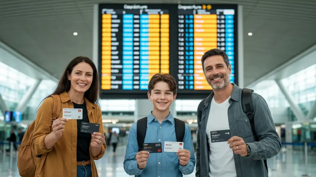 Rodzina czekająca na lotnisko z kartami lojalnościowymi linii lotniczych, terminal nowoczesny, ekrany informacyjne