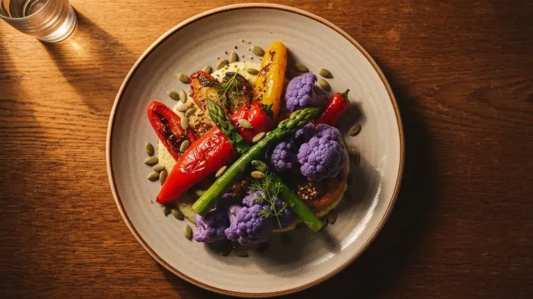 Talerz z bogatym jedzeniem weganskim w krakowskiej restauracji — warzywa, zioła, sosem