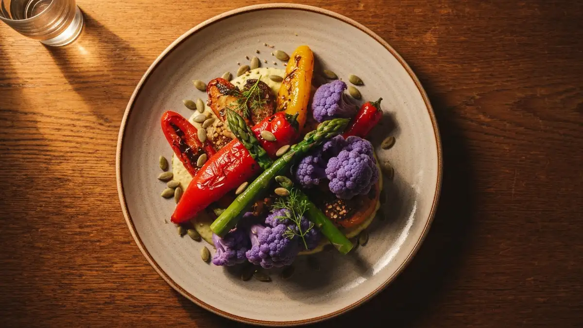 Talerz z bogatym jedzeniem weganskim w krakowskiej restauracji — warzywa, zioła, sosem