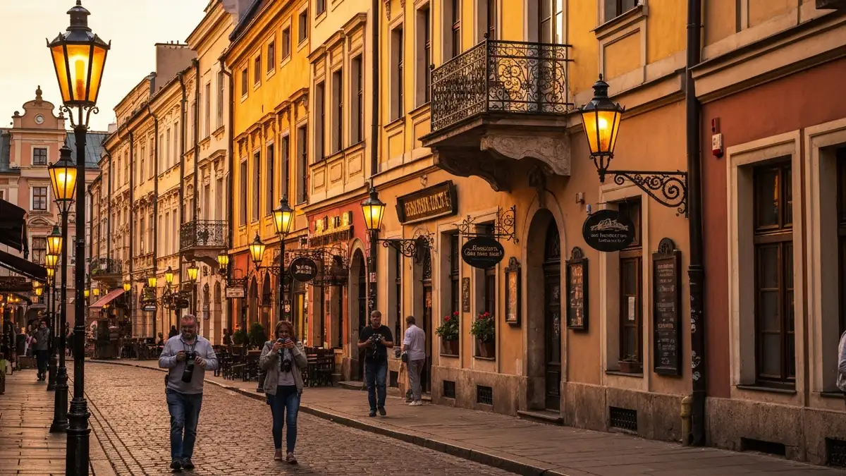 Ulica Szeroka na Kazimierzu w Krakowie z tradycyjnymi restauracjami żydowskimi, kolorowe fasady budynków, lampy drogowe, turyści spacerujący