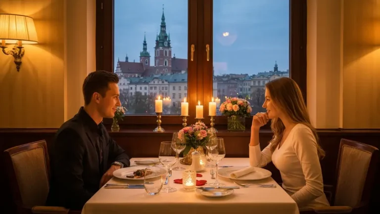 Romantyczna kolacja we dwoje w eleganckiej restauracji Krakowa z widokiem na Stare Miasto wieczorem