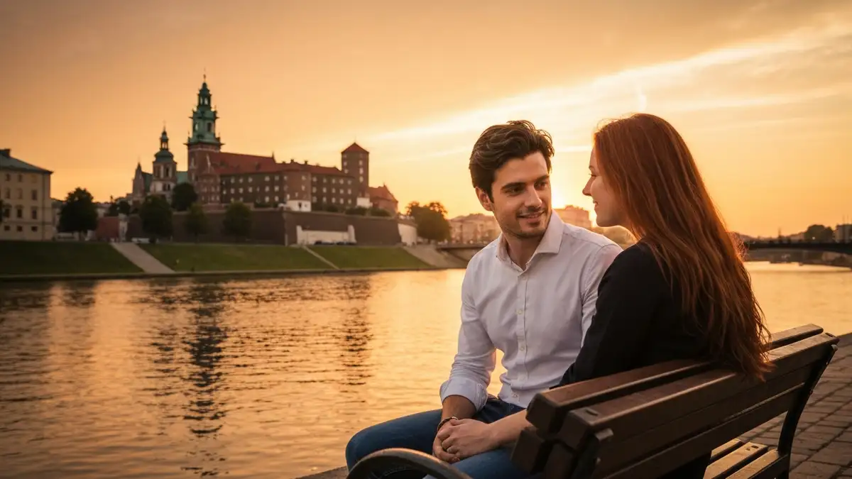 Para zakochanych siedzi na ławce nad Wisłą w Krakowie o zachodzie słońca, z widokiem na Wawel w tle