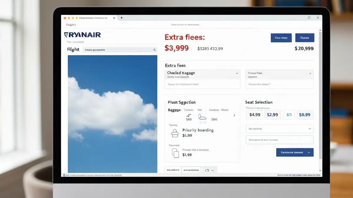 Strona rezerwacji Ryanair na ekranie komputera z widocznymi opcjami cenowymi i opłatami dodatkowymi