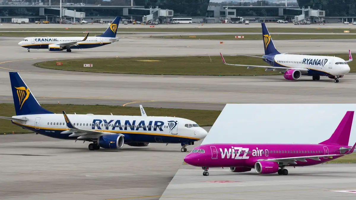 Porównanie Ryanair i Wizz Air - samoloty obok siebie na pasie startowym