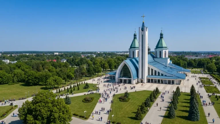 Widok fasady Bazyliki Bożego Miłosierdzia w Łagiewnikach