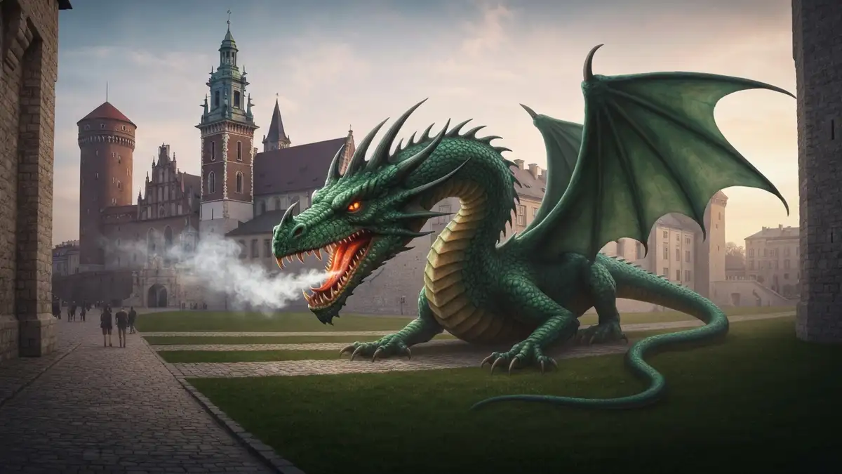 Smok wawelski siedzący na terenie zamku Wawel, z dymem wydobywającym się z pyska, otoczony średniowieczną architekturą Krakowa i fortyfikacjami