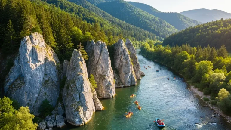 Widok na wąwóz Dunajca z łodzią spływową na rzece, góry Pieniny w tle