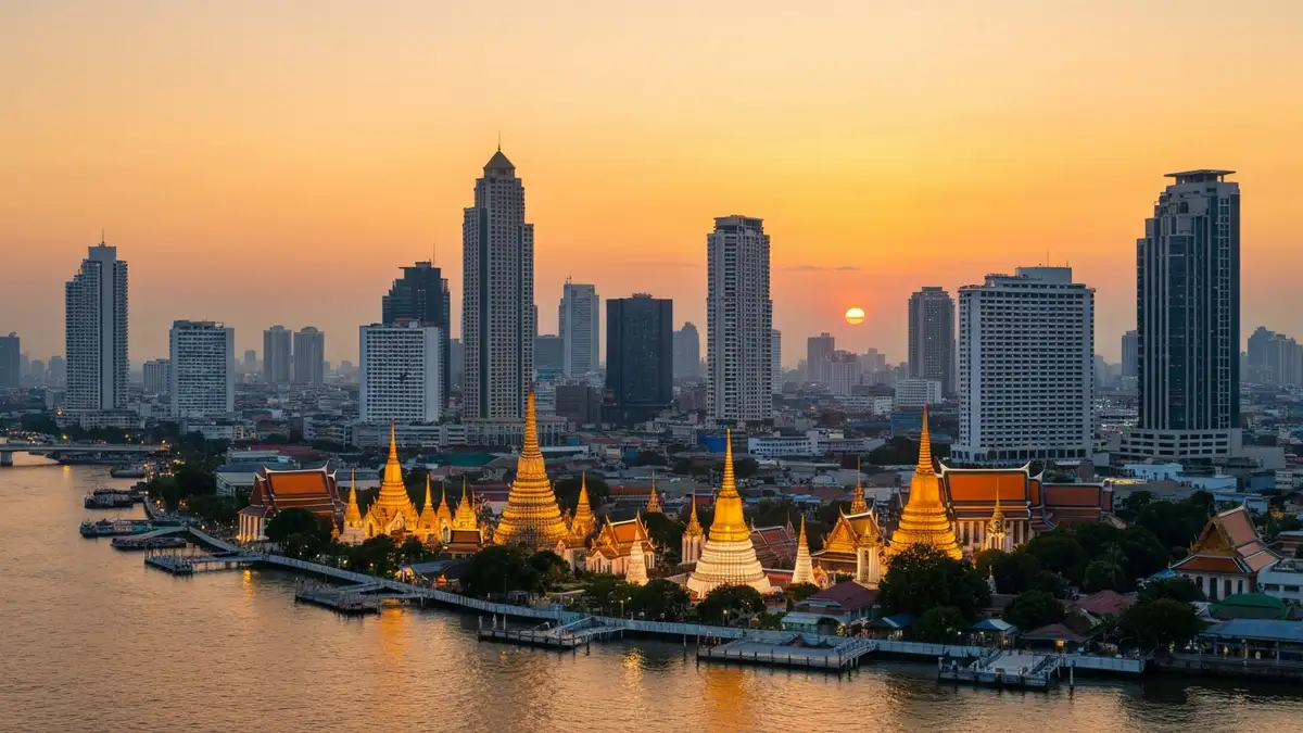 Widok na Bangkok ze skylinią, świątynią i Rzeką Chao Phraya o zachodzie słońca, czyli główną bramę do 10-dniowej trasy po Tajlandii