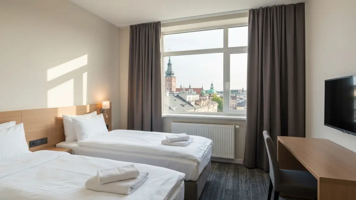 Nowoczesny, przytulny pokój hotelowy w Krakowie z widokiem na stare mury i kwiaty na parapecie, spokojne oświetlenie, łóżko z białą pościelą, minimalistyczne wyposażenie