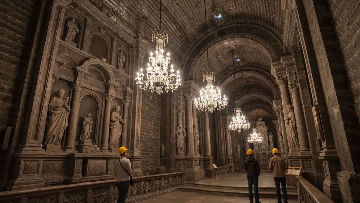 Podziemna kaplica św. Kingi w kopalni soli Wieliczka z wyrzeźbionymi ścianami i sophit solnymi