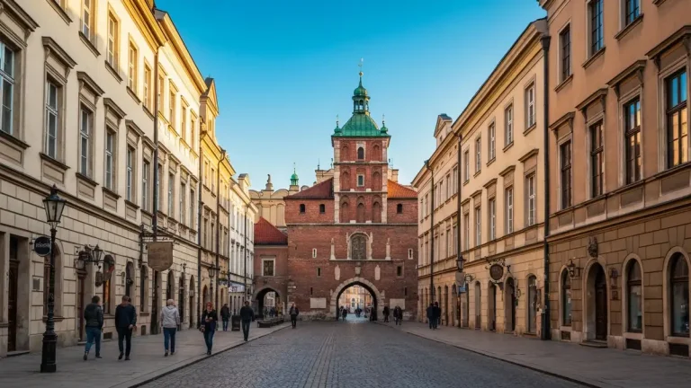 Ulica Floriańska w Krakowie - widok na Barbakan i architekturę średniowiecznych kamienic