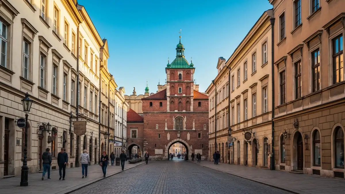 Ulica Floriańska w Krakowie - widok na Barbakan i architekturę średniowiecznych kamienic