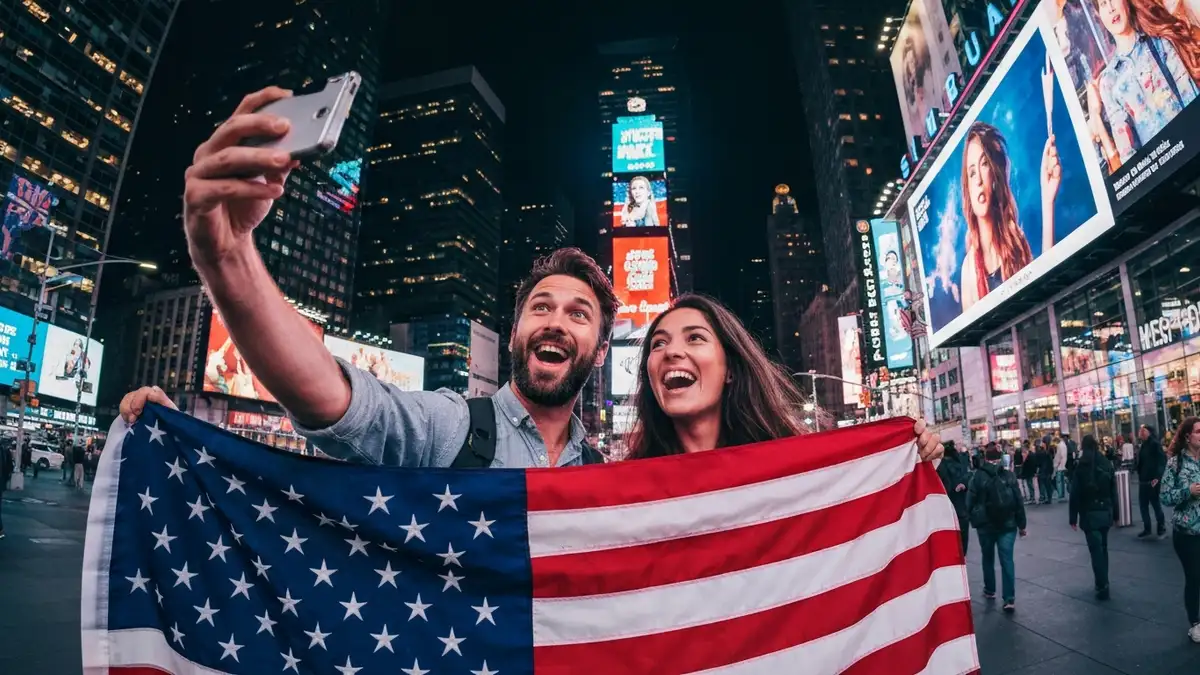 Turysta fotografuje się z flagą USA na tle Times Square w Nowym Yorku