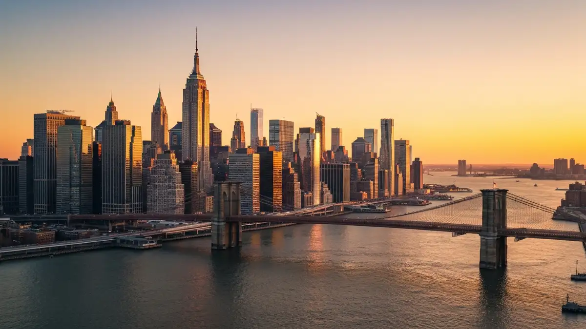 Widok na Manhattan z mostem Brooklyńskim, rzekę Hudson i wieżowce Nowego Jorku o zachodzie słońca