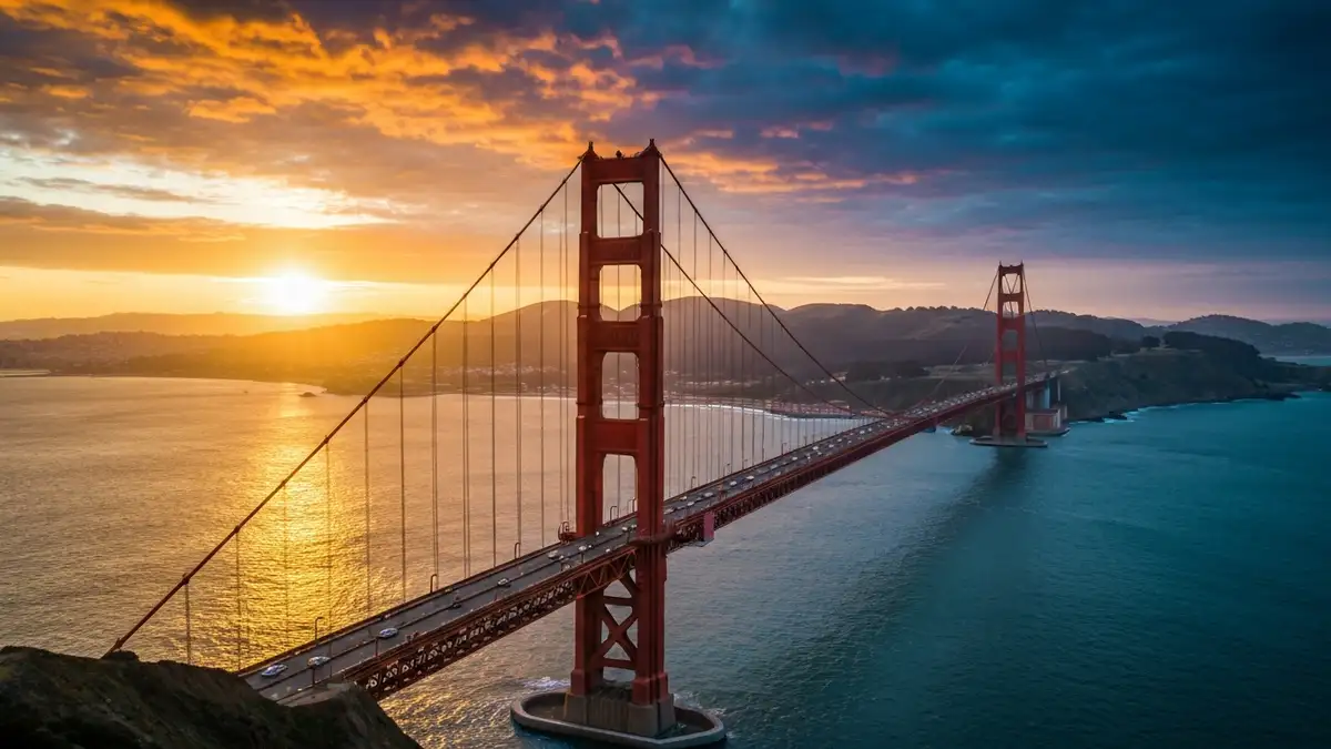 Widok na Golden Gate Bridge w San Francisco na tle zachodzącego słońca i błękitnego morza