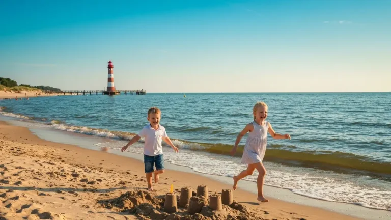 Rodzina z dziećmi biegająca po plaży nad Bałtykiem w słoneczny letni dzień, w tle molo i latarnia morska