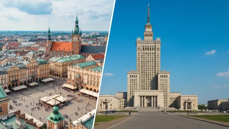 Porównanie warszawy i krakowa - rynek główny w krakowie i pałac kultury w warszawie