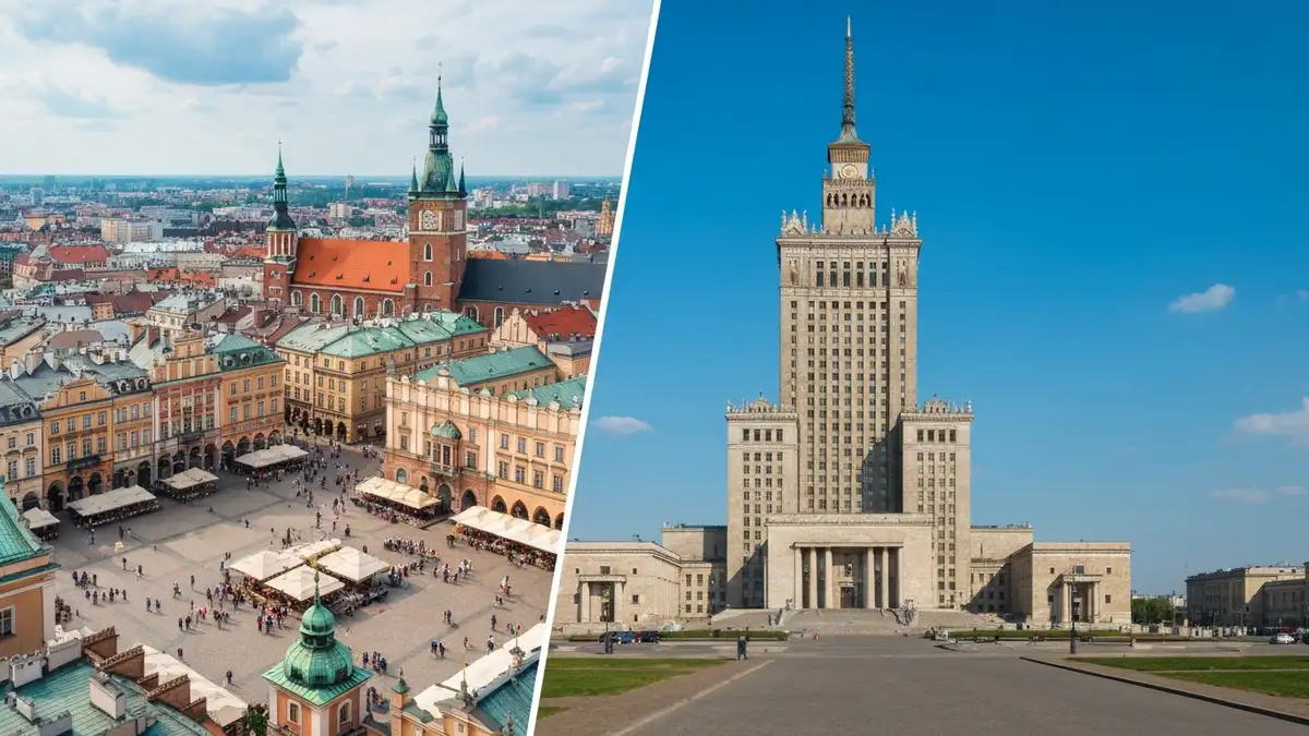 Porównanie warszawy i krakowa - rynek główny w krakowie i pałac kultury w warszawie