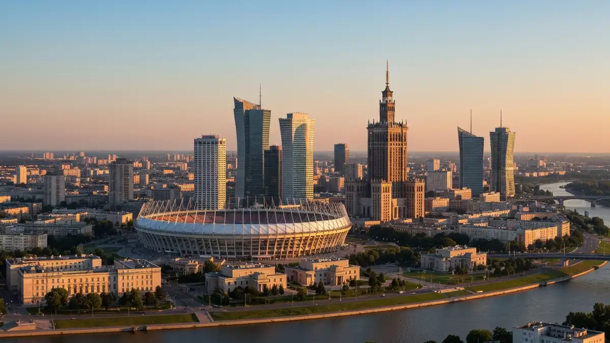 Panorama Warszawy z widokiem na Stadion Narodowy, Pałac Kultury i Nauki oraz Wisłę o zachodzie słońca