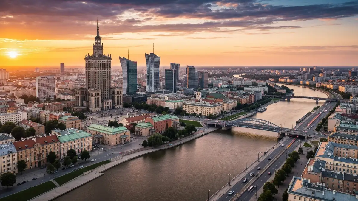 Warszawa z powietrznych widoków - Pałac Kultury i Nauki, Wisła, katedra i Stare Miasto