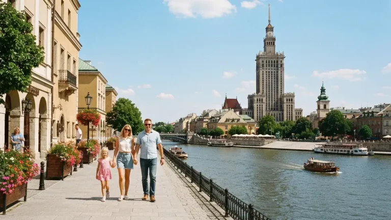 Dzieci bawiące się na tle warszawskich zabytków - Starego Miasta, Pałacu Kultury i Nauki i Wisły