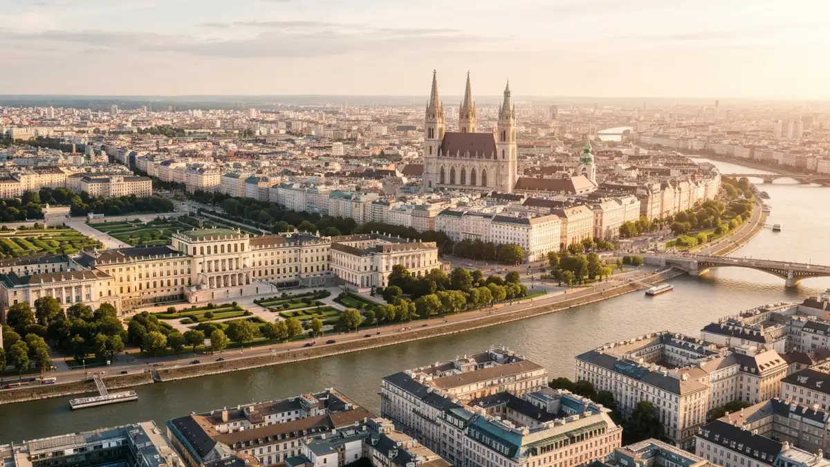 Wiedeń z lotu ptaka - Pałac Schönbrunn, Danube River i panorama miasta z basztą Stephansdom w tle, słoneczne popołudnie
