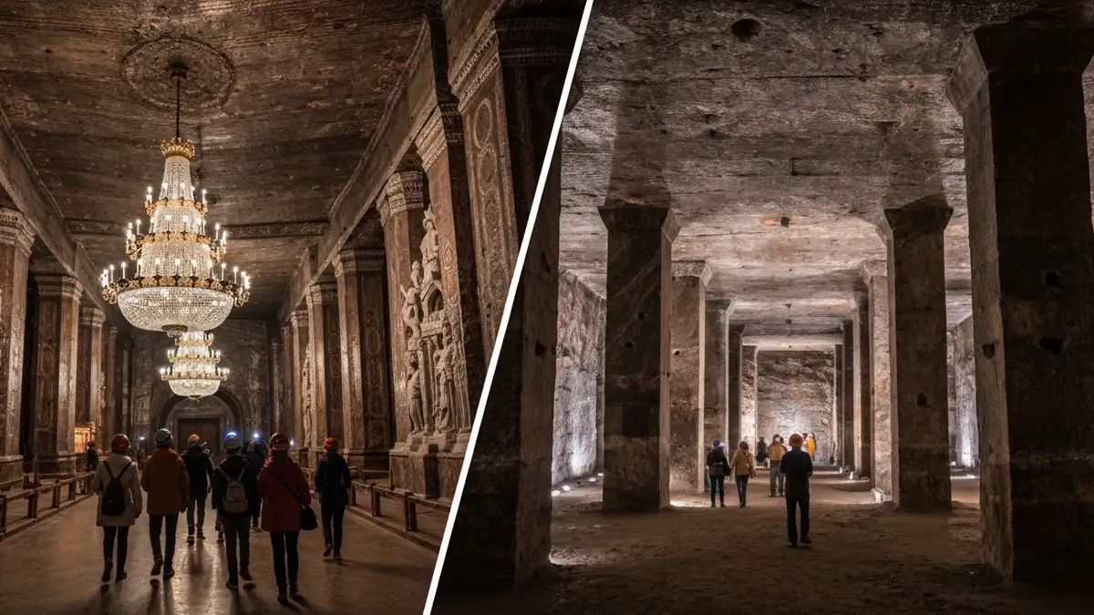 Porównanie kopalni soli w Wieliczce i Bochni - oświetlone sale solne pod ziemią