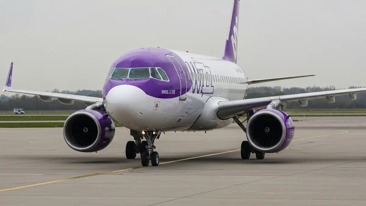 Samolot Wizz Air na pasie startowym lotniska Balice w Krakowie, widok z przodu