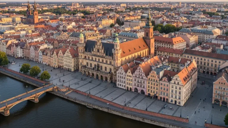 Rynek Wrocławski z ratuszem i zabytkową starówką, nowoczesny widok miasta stu mostów