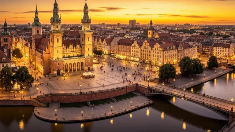 Wrocław Stare Miasto z Ratuszem oświetlonym w nocy, widok ogólny z motywami mostów