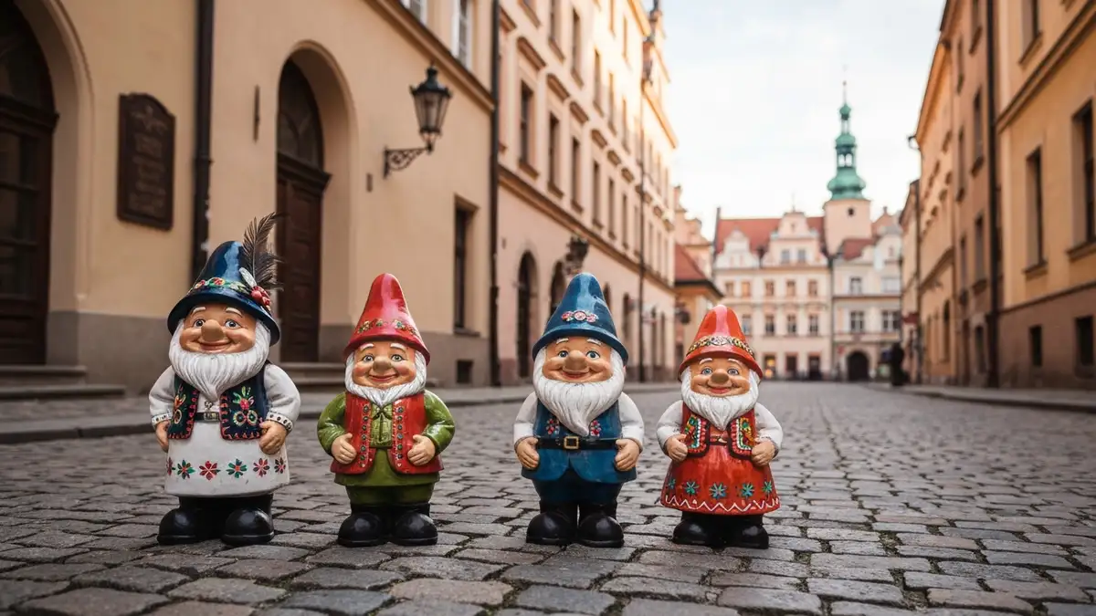 Wrocławskie krasnoludki - figurki na tle bruku Starego Miasta