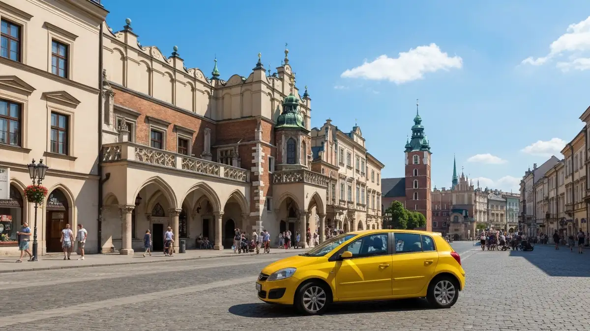 Wynajęty samochód zaparkowany w Krakowie z widokiem na Stare Miasto w tle