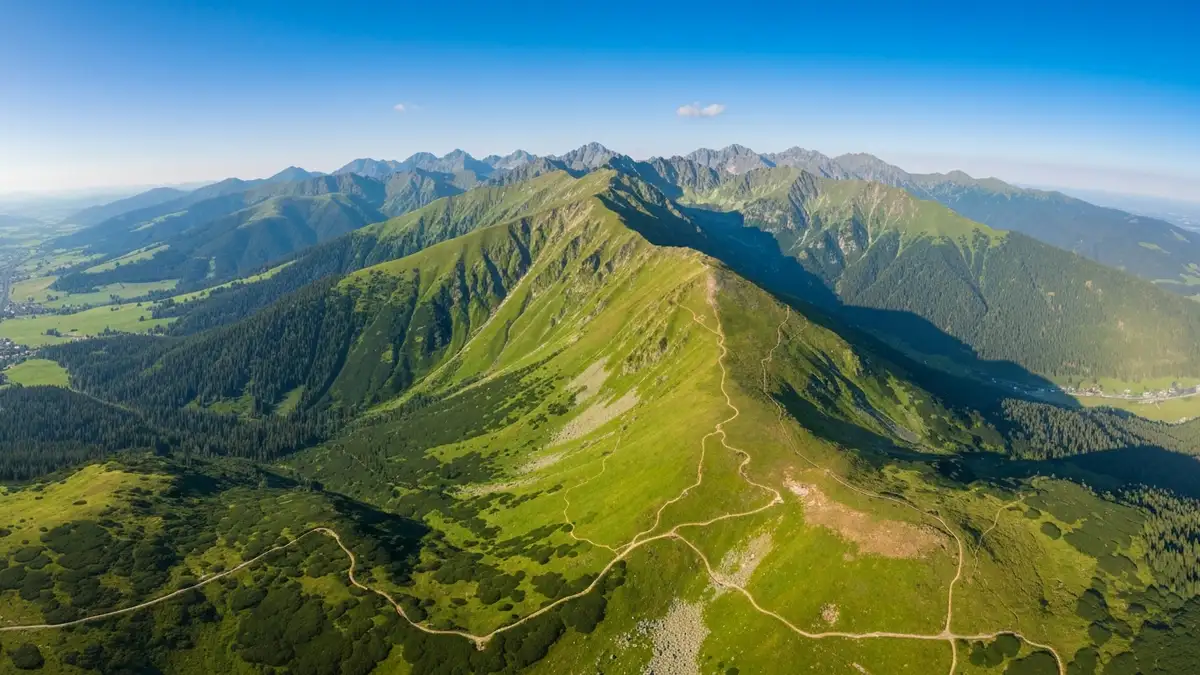 Widok na Tatry z Zakopane - góry pokryte zielenią i ostre szczyty w tle, droga prowadząca do Krupówek
