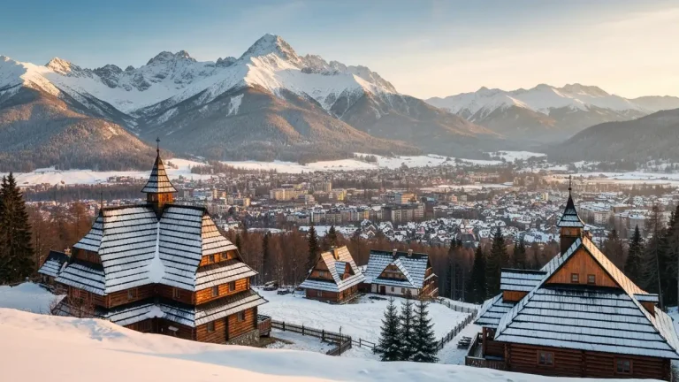 Widok na Tatry z Zakopane, góry pokryte śniegiem, tradycyjne góralskie domy
