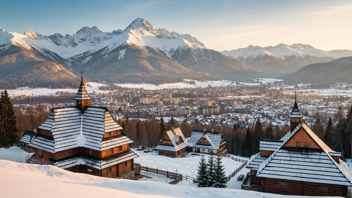 Widok na Tatry z Zakopane, góry pokryte śniegiem, tradycyjne góralskie domy
