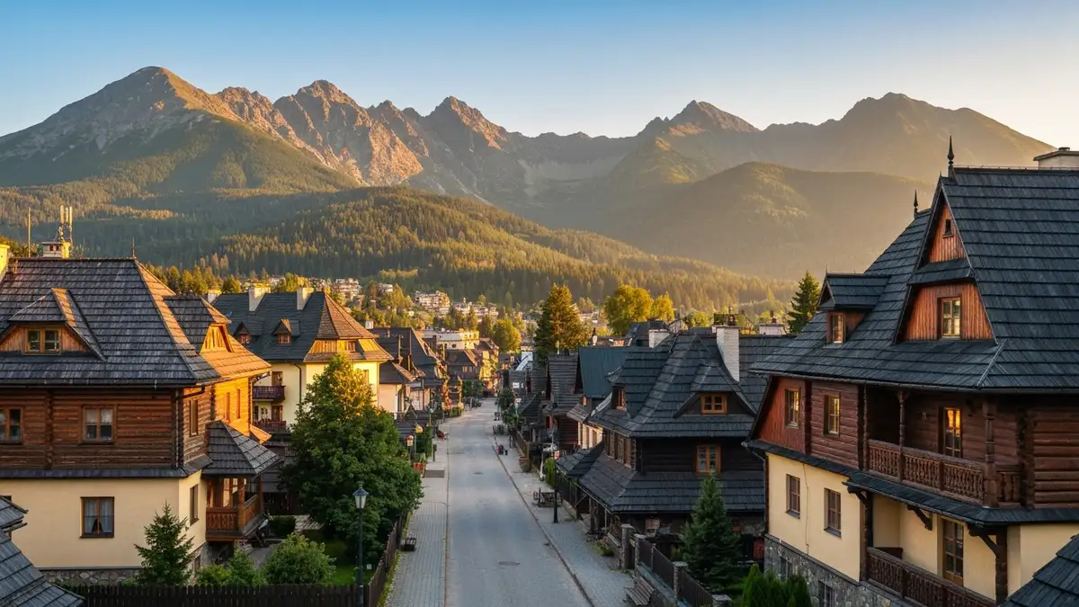 Widok na góralskie domki i Tatry w Zakopanem latem, wczesny poranek bez tłumów turystów