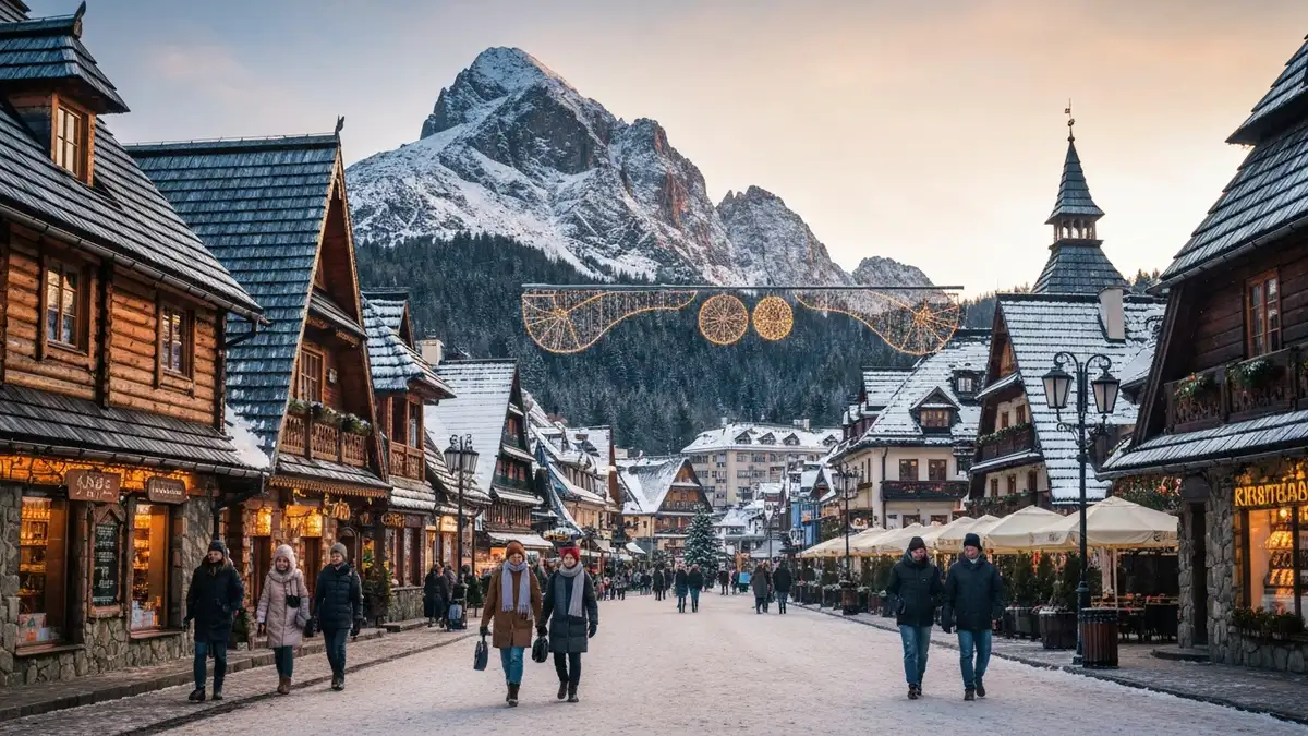 Zakopane zimą z zaśnieżonymi szczytem Giewontu i Krupówkami w centrum miasteczka