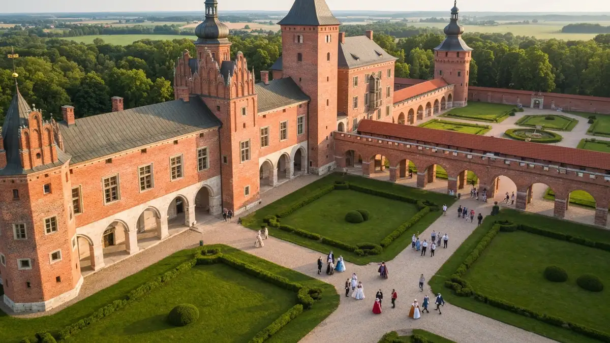 Zamek Królewski w Niepołomicach - renesansowy dziedziniec z widokiem na wieżę, turyści zwiedzający po kamiennych krużgankach