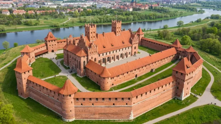 Zamek Malbork widok z lotu ptaka, gotyckie mury ceglane, polska architektura