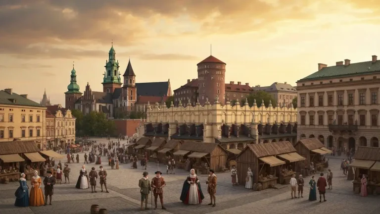 Panorama Krakowa z Wawelem w tle, architektura renesansowa i kupce na Rynku Głównym w złotym wieku